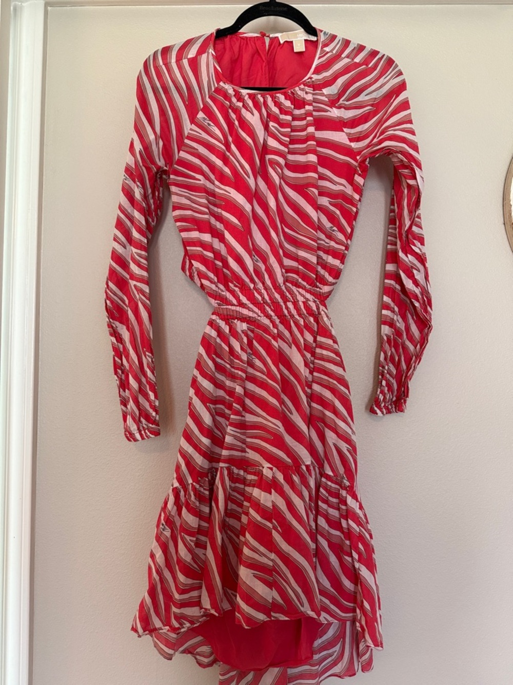 Michael Kors Women’s Red & White Printed Long Sleeve Elastic-Waist Dress